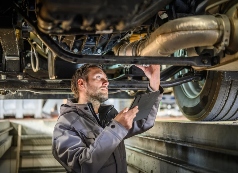 Man checking vehicle components underneath